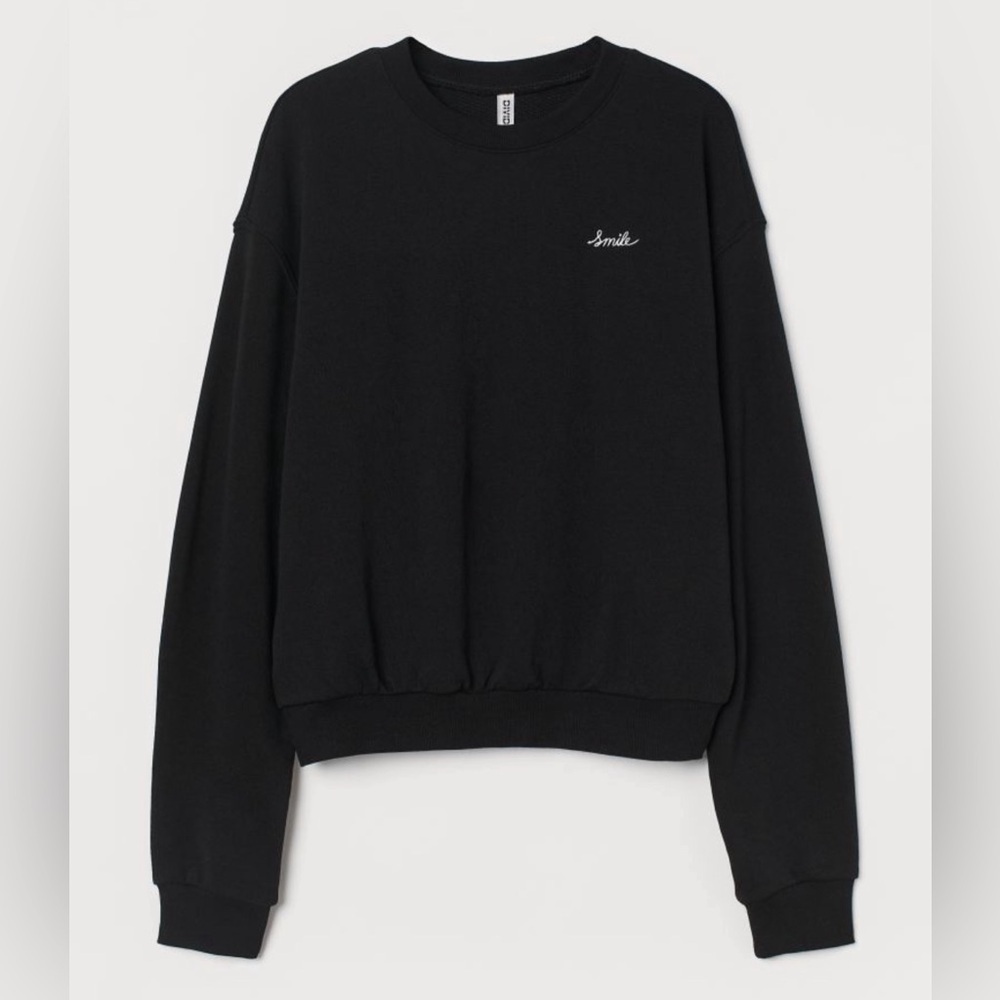 Divided Embroidered Smile Script Cropped Crewneck Sweatshirt Black Size Xs